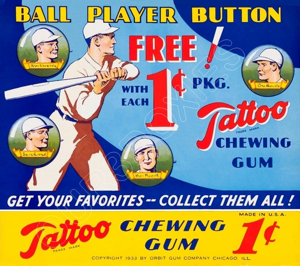 1933 Tattoo Orbit Gum Button Pin Store Counter Advertising Standup Sign - 992