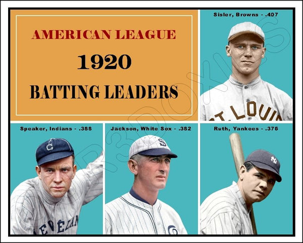 1920 AL Batting Leaders Colorized 8X10 Photo - Ruth Jackson Speaker Sisler - 2289