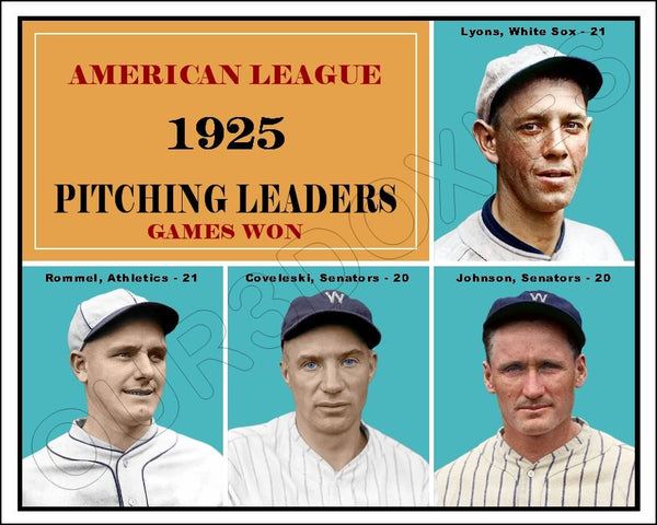 1925 AL Wins Leaders Colorized 8X10 Photo - Johnson Coveleski Lyons Rommel - 2286