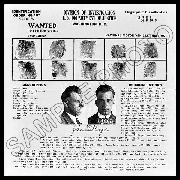 1934 John Dillinger Fingerprint Card 7X7 Photo - 2709