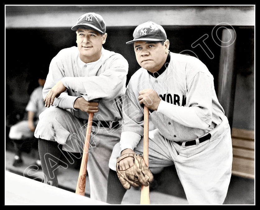 Babe Ruth standing with baseball bat on shoulder and colorful city skyline in background always looking.