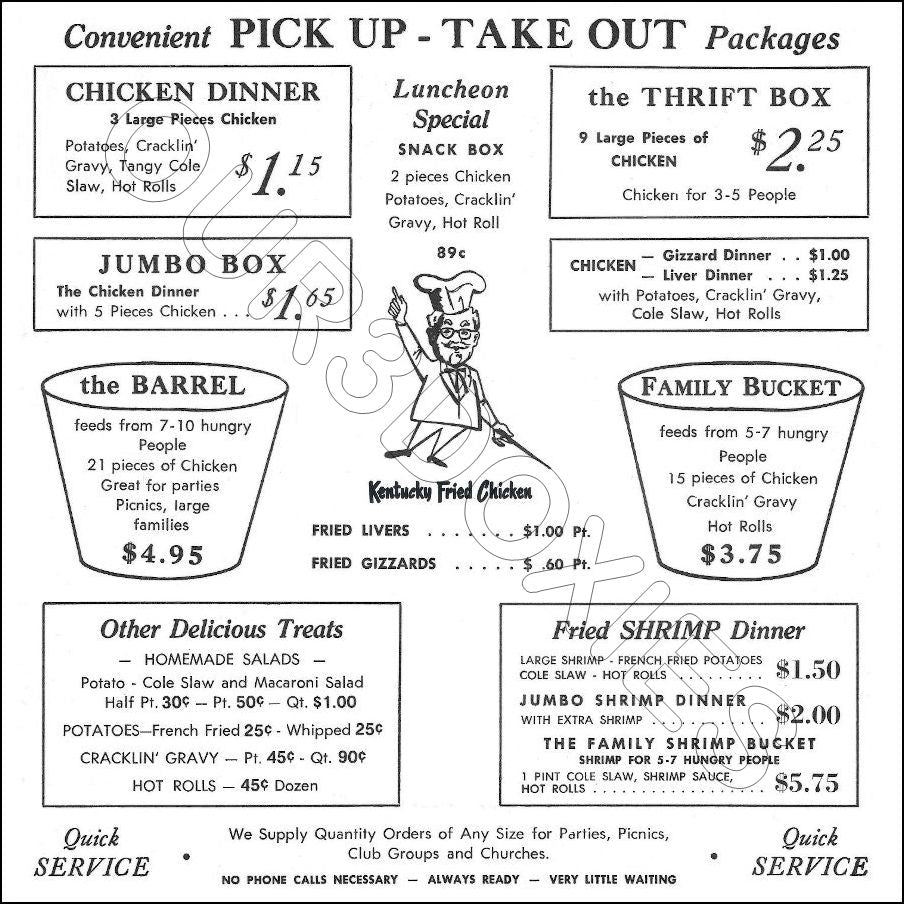 1960's Kentucky Fried Chicken Menu Store Counter Standup Sign