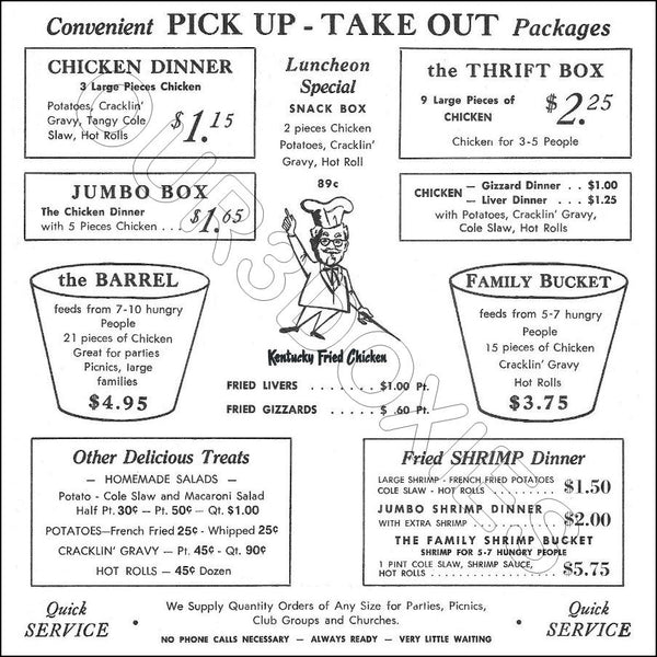 1960's Kentucky Fried Chicken Menu Store Counter Standup Sign - KFC - 2345