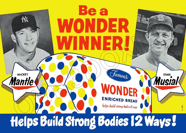 Mickey Mantle Stan Musial 1950's Wonder Bread Store Counter Standup Sign - Yankees Cardinals - 3295