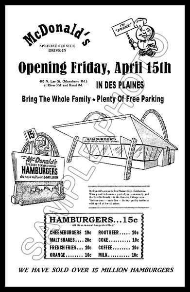 1955 McDonald's Grand Opening Poster 11X17 - Des Plaines Illinois - 2353