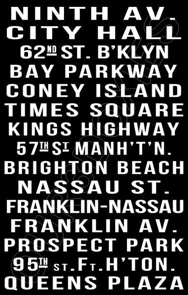 New York Subway Sign Map Poster 11X17 - Coney Island Times Square - 2552