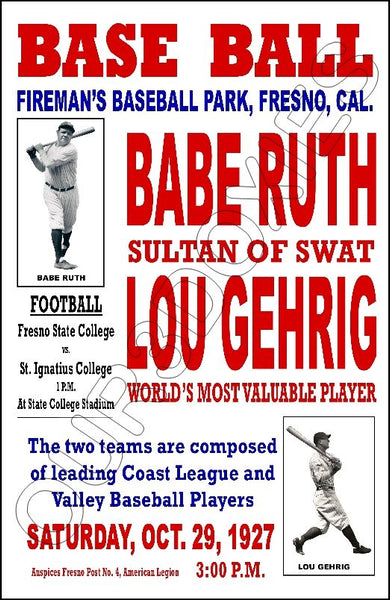 Babe Ruth Lou Gehrig Barnstorming Store Counter Standup Sign - 1927 Fresno California Yankees - 2029