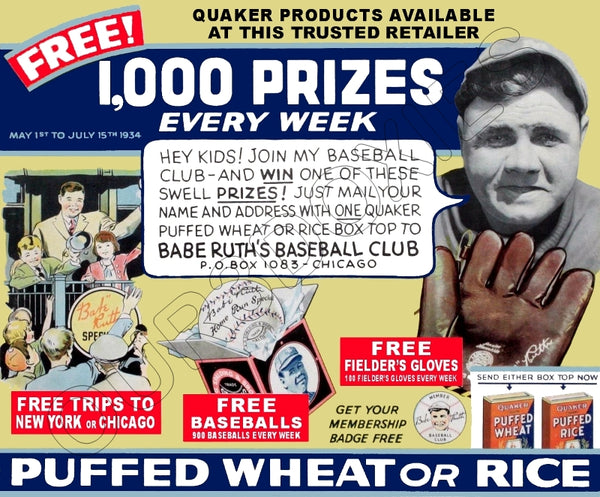1930's Babe Ruth Quaker Oats Puffed Wheat Store Counter Standup Sign - Yankees - 748