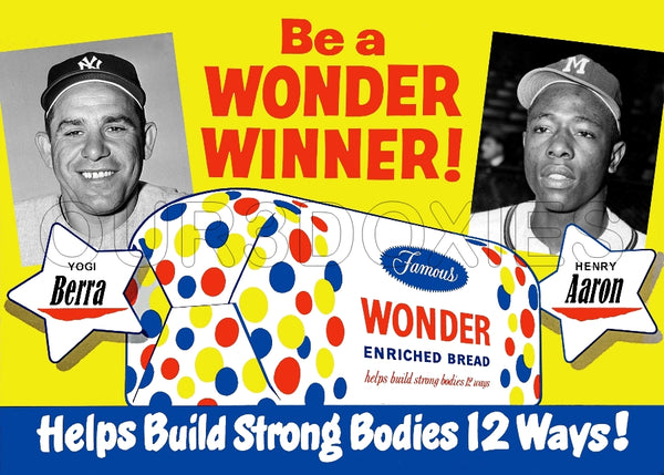 Yogi Berra Hank Aaron 1950's Wonder Bread Store Counter Standup Sign - Yankees Braves - 3294