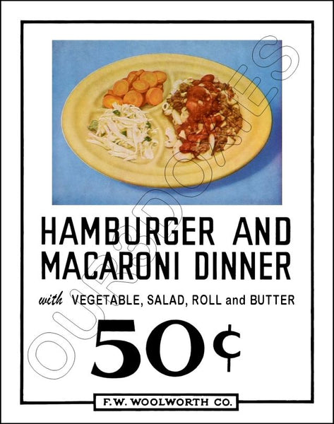 FW Woolworth Diner Store Counter Standup Sign - Hamburger And Macaroni - 2388